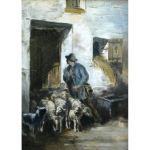 Charles Jacque 1813–1894 Shepherd And Sheep, Barbizon Painting, Animals, Farm, Peasant