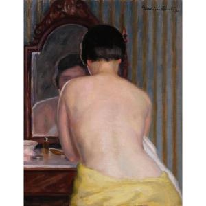 Madeleine Plantey 1890–1985 Nude Woman Dressing In Front Of A Mirror, Painting, C 1930 Art Deco