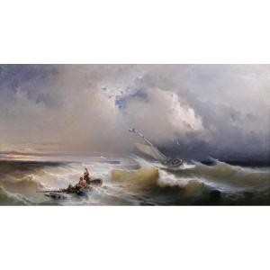 Paul Angé, 19th–20th C. The Shipwreck, Seascape, Painting 1870 Boat Harbor Sea Romanticism