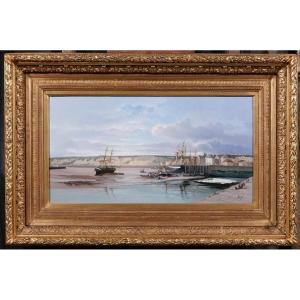 Paul Angé, 19th–20th Centuries, Normandy, Dieppe, Le Pollet, Landscape, Painting Circa 1870, Boat, Harbor