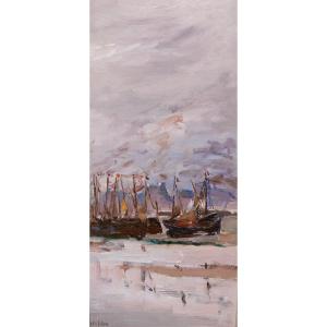 Eugen STIBBE 1868-1921 Bateau au port, tableau vers 1900 marine impressionnisme