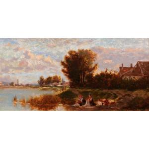 Emile Lambinet 1815–1877 Landscape With Washerwomen, Evening Scene, Barbizon Painting