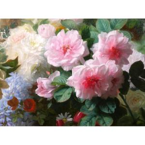 Jules Ferdinand Médard 1855–1925 Summer Flowers, Painting, Still Life, Roses, Garden, Bouquet