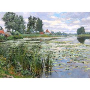 Louis Clesse 1889–1961 The Lake, Water Lilies, Large Painting, 1919, Landscape, Impressionism