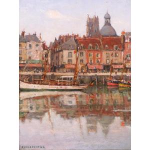 Georges CHARPENTIER 1866-1945 Dieppe, bateaux au port, tableau, 1936 paysage Normandie