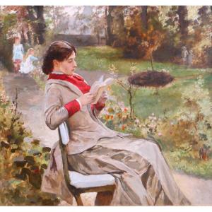 Gustave COPPIETERS 1840-1885 La lecture au jardin, tableau, 1882, impressionnisme Belgique