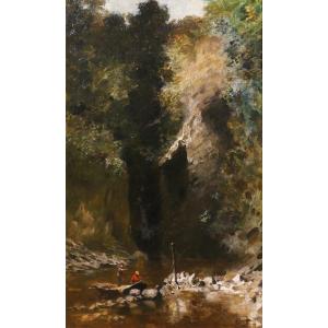 François SCHOMMER 1850-1935 Paysage de rivière aux pêcheurs, tableau, Barbizon, vers 1900-10