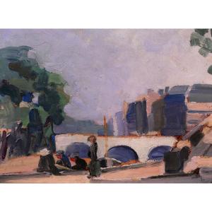 Lucienne Capdevielle 1885–1961 Paris, The Bridge, Painting, Ca. 1930, Art Deco Landscape