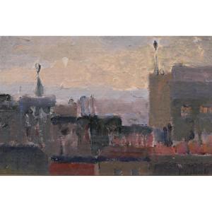 Lucienne Capdevielle 1885–1961 Paris, Rooftops, Painting, Ca. 1930, Art Deco Landscape