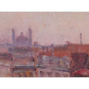 Lucienne Capdevielle 1885–1961 Paris, The Trocadéro Palace , Painting, 1930, Art Deco Landscape