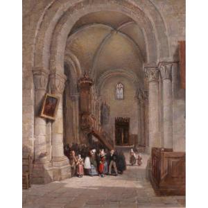 Edme Dumée 1792-1861 Rouen, intérieur d'église, tableau 1849 romantisme Normandie