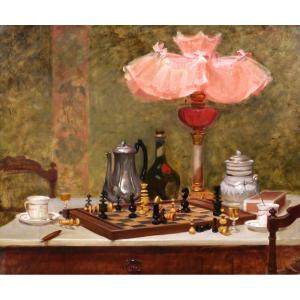 Pierre Bonnaud 1865–1930 Still Life With A Chessboard, Painting, Ca. 1900, Impressionism Chess