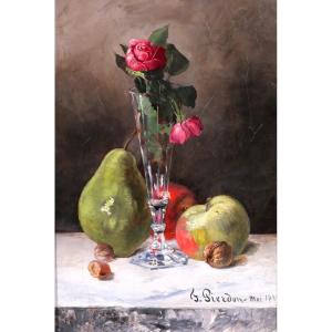 François Pierdon 1821-1904 Nature morte aux roses et aux fruits, tableau, 1884 impressionnisme
