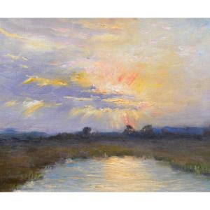 Valéry Müller 1873-1917 Paysage au lever de soleil, tableau, vers 1900 impressionnisme ciel