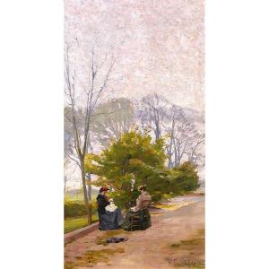 François FORICHON 1865-1952 Femmes au jardin, tableau, 1906, impressionnisme couture paysage
