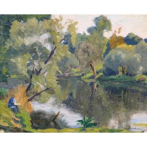 Germain Raingo-Pelouse 1893-1963 Paysage avec un artiste dessinant, tableau vers 1920-30