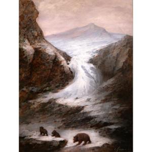 Charles France 1861–1931 Bears In Mountain Landscape, Painting, 1889, Mountains, Alps, Animals