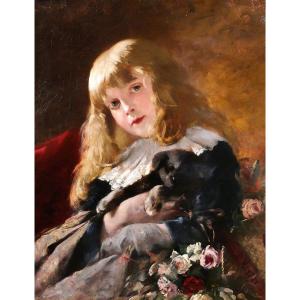 Friedrich HEYSER 1857-1921 Portrait de jeune fille au chien, tableau, 1886, chien enfant