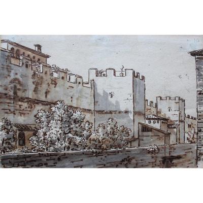 Antoine CASTELAN, 1772-1838, Vue d'une ville d'Italie, dessin vers 1800