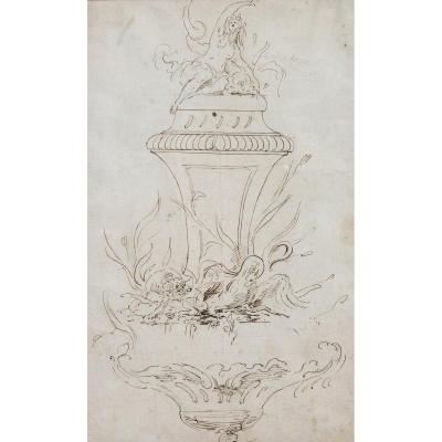 Ecole Française du XVIIIe siècle, Projet de fontaine inspiré de J.-B. Oudry, dessin, circa 1750