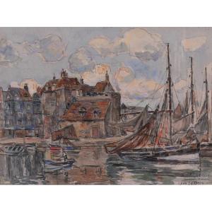 Léon LECLERC 1866-1930 Honfleur, vue du port et de la Lieutenance, aquarelle