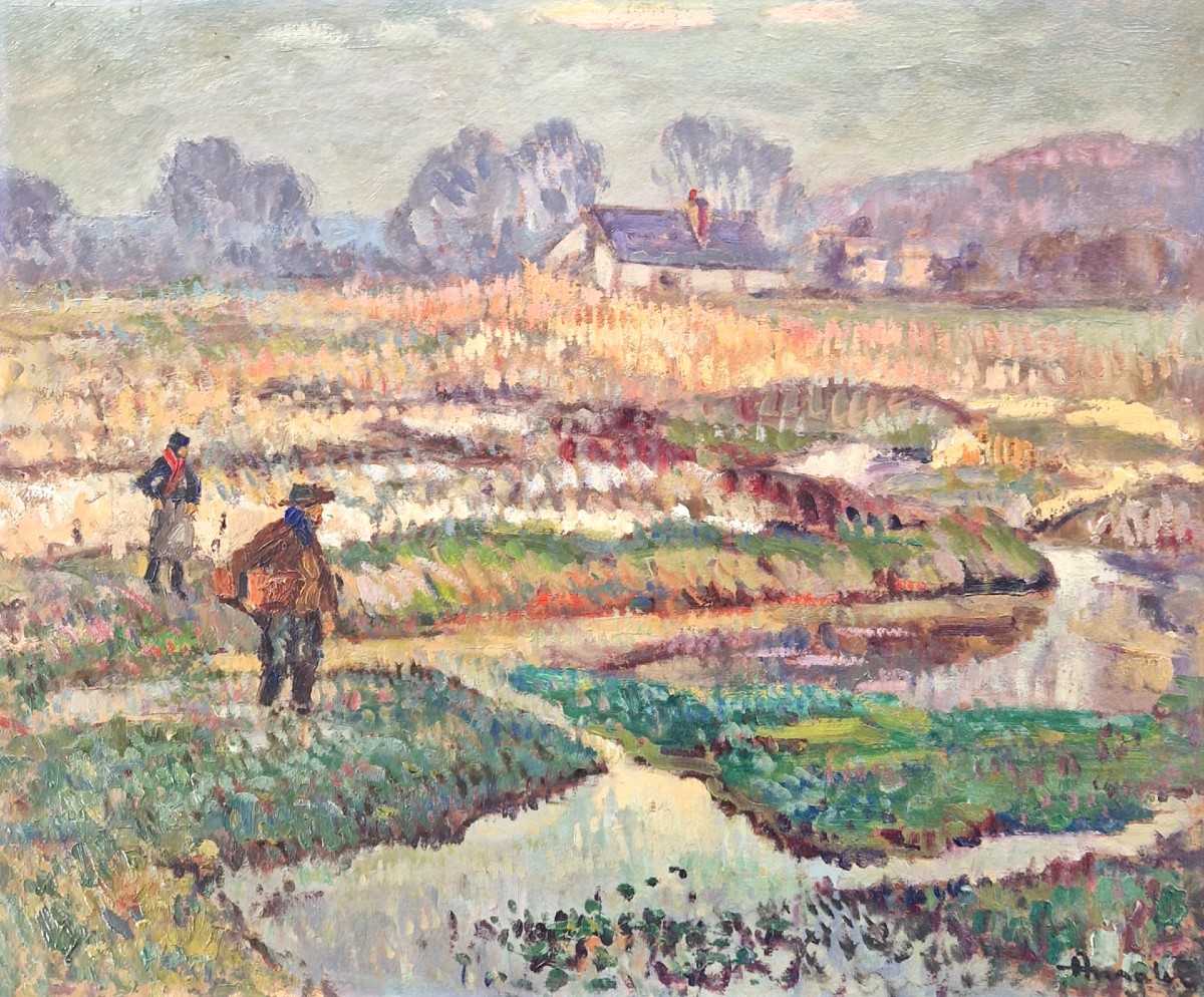 Albert Malet - Les Cressonnières Oil On Canvas School Of Rouen