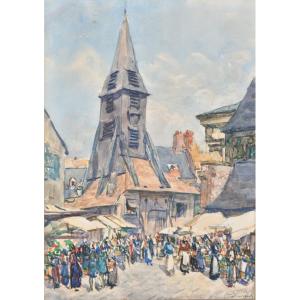 Fernand Fortuné Truffaut - Marché devant Sainte-Catherine à Honfleur