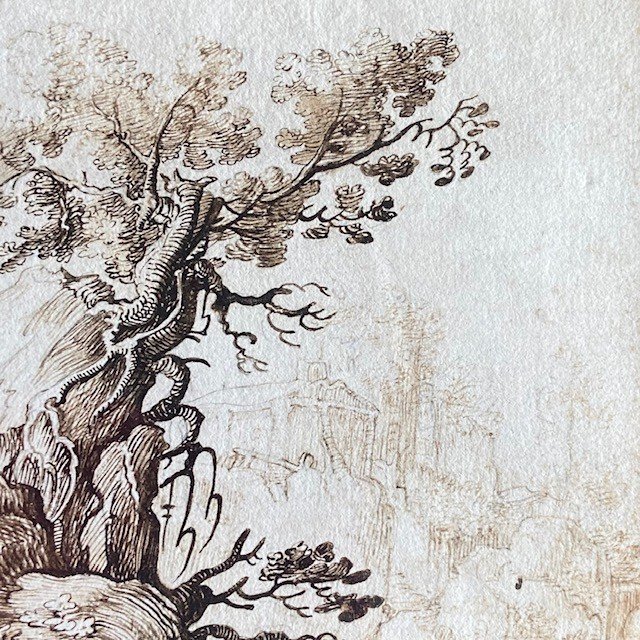 17th Century Florentine School, Tree And Character, Landscape, Pen And Ink, Old Frame-photo-1