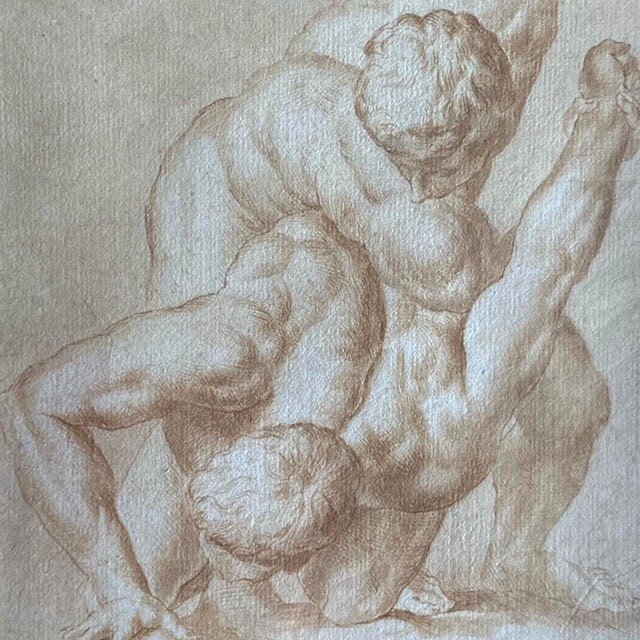 18th Century Italian School, Wrestlers, Athletes, Pen Ink, Old Frame With Palmettes-photo-3