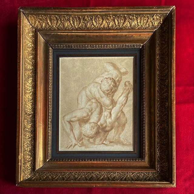 18th Century Italian School, Wrestlers, Athletes, Pen Ink, Old Frame With Palmettes