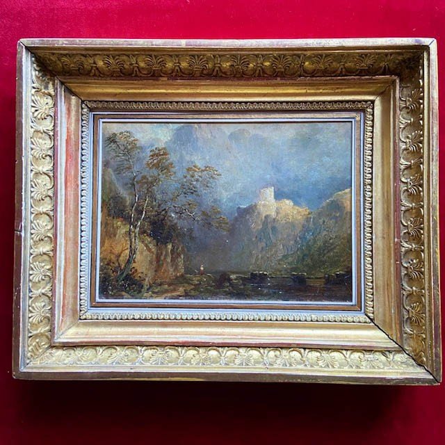 Early 19th Century English Romantic School, Animated Landscape, Oil On Cardboard, Empire Frame-photo-2