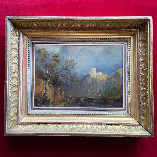 Early 19th Century English Romantic School, Animated Landscape, Oil On Cardboard, Empire Frame
