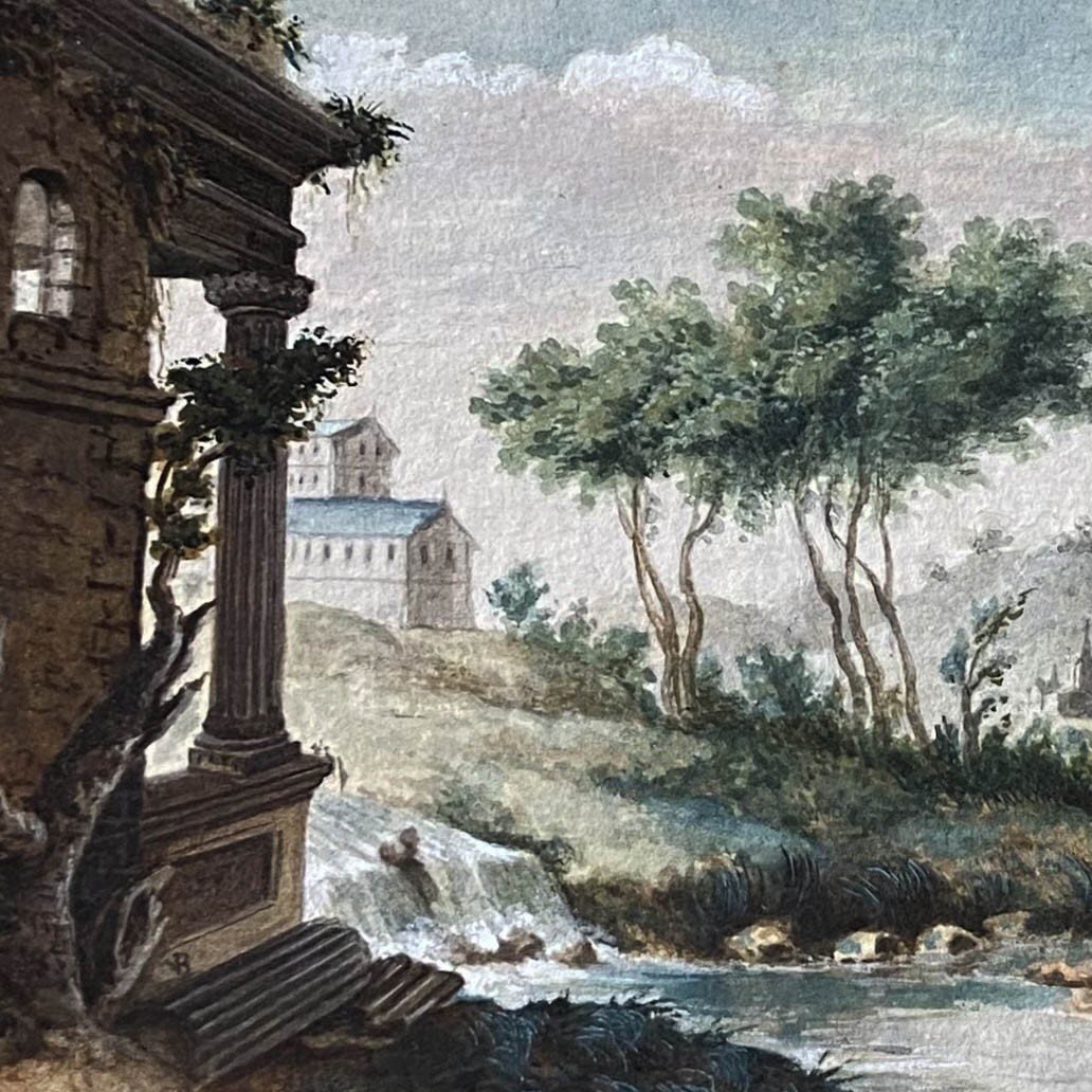 Ecole Française  XVIIIe De  Louis G. Moreau (1740-1806), Scène Galante, Paysage Ruines, Gouache-photo-3