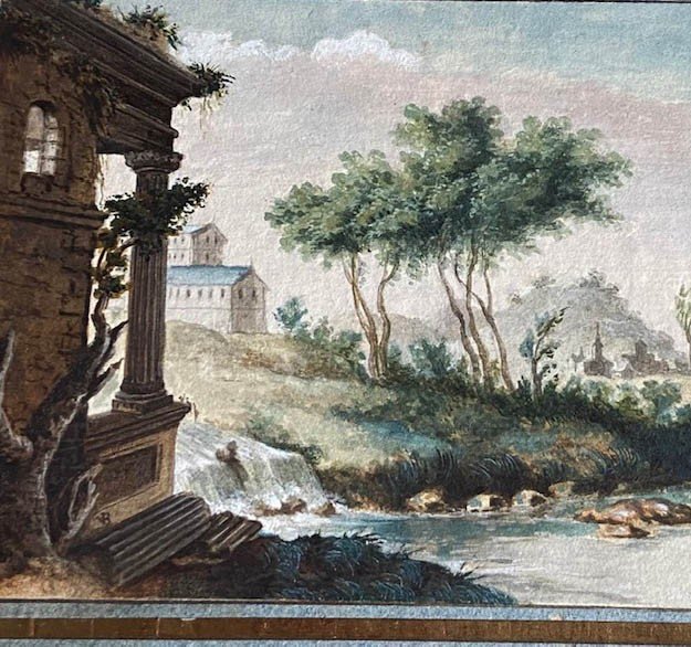 Ecole Française  XVIIIe De  Louis G. Moreau (1740-1806), Scène Galante, Paysage Ruines, Gouache-photo-1