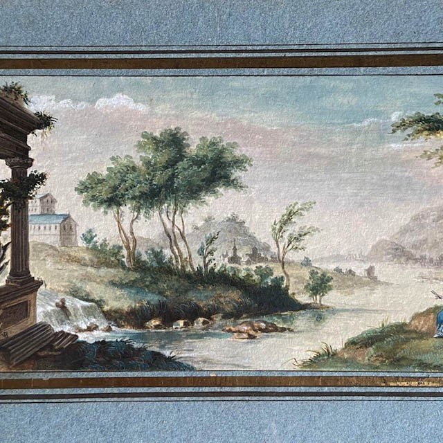 Ecole Française  XVIIIe De  Louis G. Moreau (1740-1806), Scène Galante, Paysage Ruines, Gouache-photo-2