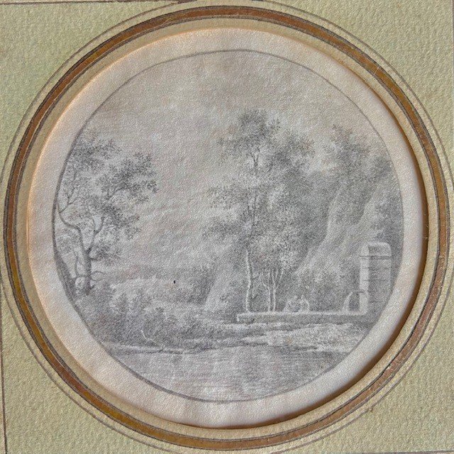 Ecole Fin XVIIIe  Début XIXe De L. Gabriel MOREAU (1740 - 1806), Paysage Animé ,crayon, Tondo-photo-4