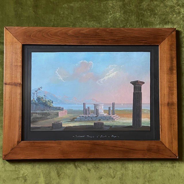 Ecole Napolitaine Du XIXe Siècle, Gouache, Temple d'Hercule , Pompéi, Beau Et Grand Cadre-photo-1