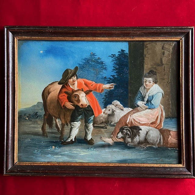 French School, 18th Century, Fixed Under Glass Painting, Pastoral Scene, Shepherd, Cow, Old Frame-photo-1