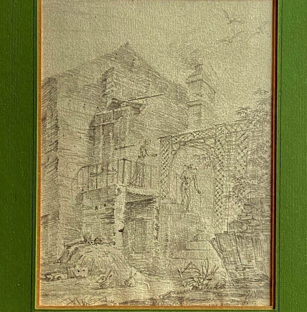 Ecole Française  du XVIIIe avec ferme, architecture, personnages et lapins, crayon, cadre doré-photo-2