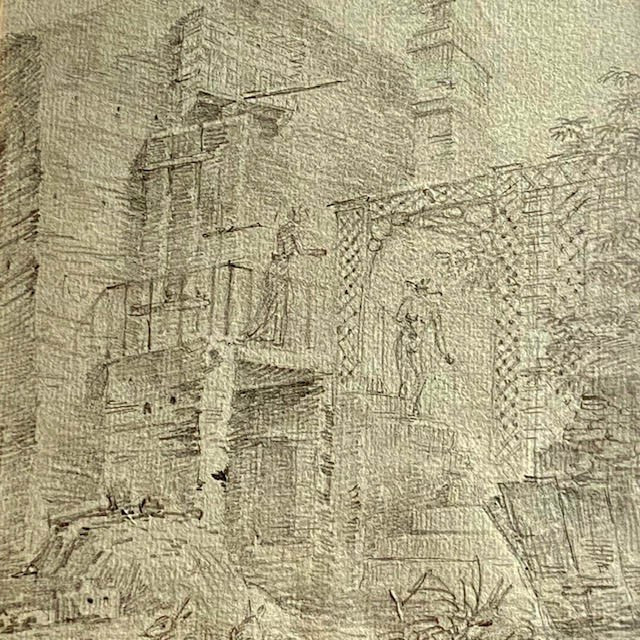 Ecole Française  du XVIIIe avec ferme, architecture, personnages et lapins, crayon, cadre doré-photo-3