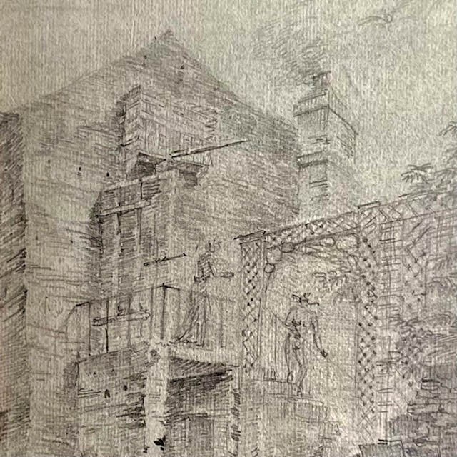 Ecole Française  du XVIIIe avec ferme, architecture, personnages et lapins, crayon, cadre doré-photo-4