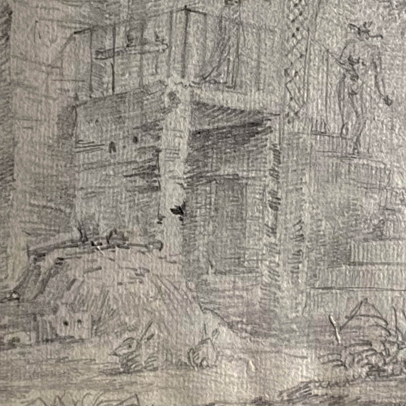 Ecole Française  du XVIIIe avec ferme, architecture, personnages et lapins, crayon, cadre doré-photo-1