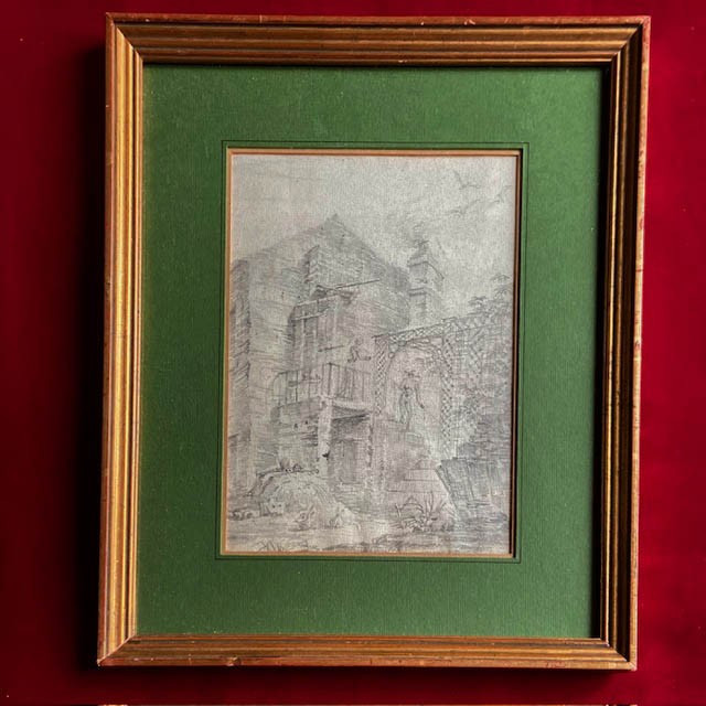 Ecole Française  du XVIIIe avec ferme, architecture, personnages et lapins, crayon, cadre doré