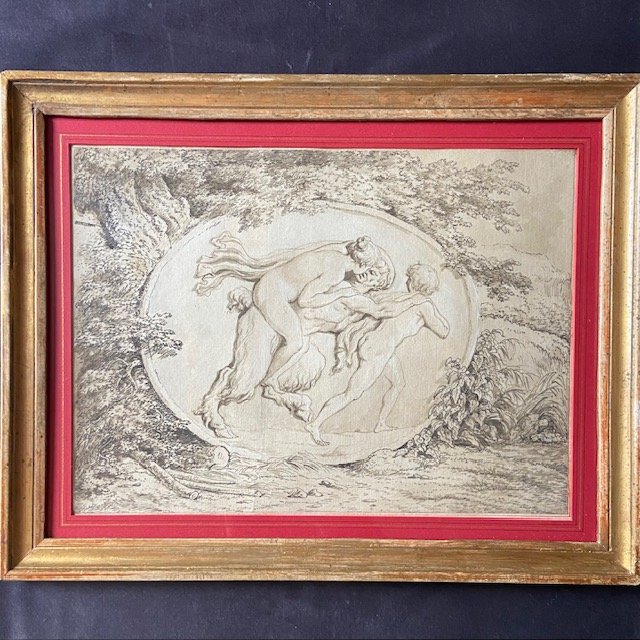 French School, Late 18th Century By Jh. Fragonard (1732-1806) Nymph, Satyr, Mythology, Old Frame-photo-1
