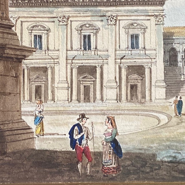 19th-century Italian School, Rome, Lively Landscape, The Capitoline Hill, Architecture, Watercolor-photo-4