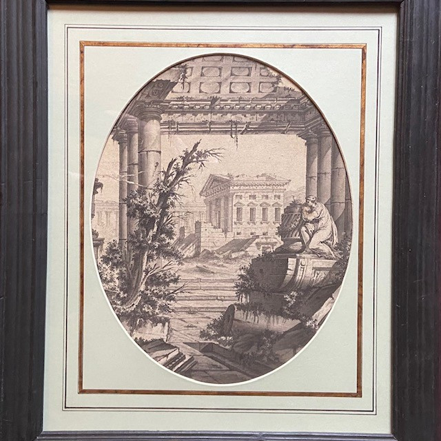 Italian School Of 18th Century By Pannini, Architectural Capriccio, Landscape, Antique, Wash Drawing, Oval View-photo-2