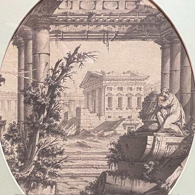 Italian School Of 18th Century By Pannini, Architectural Capriccio, Landscape, Antique, Wash Drawing, Oval View-photo-2