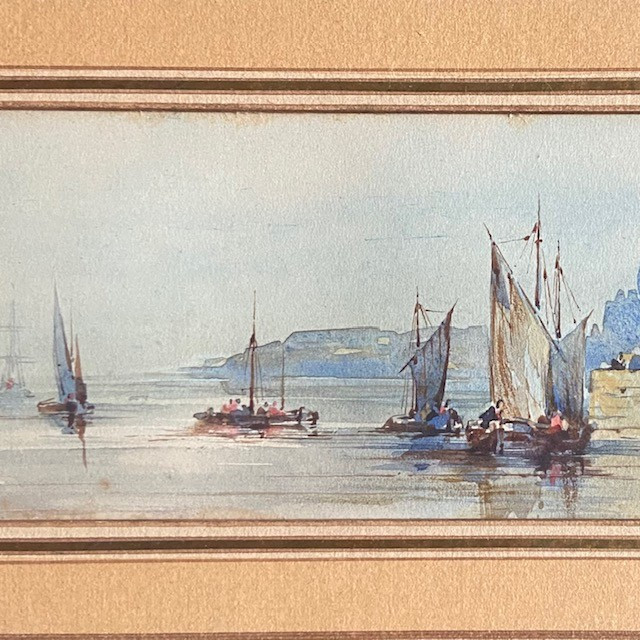 French School, 19th Century, Marine Scene, Bustling Port, Fisherman, Boat, Watercolor, Well Framed-photo-3