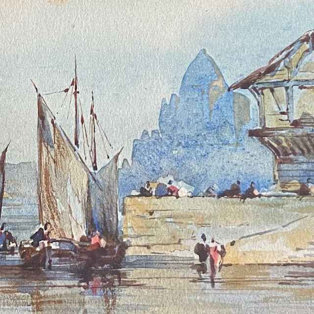 French School, 19th Century, Marine Scene, Bustling Port, Fisherman, Boat, Watercolor, Well Framed-photo-1