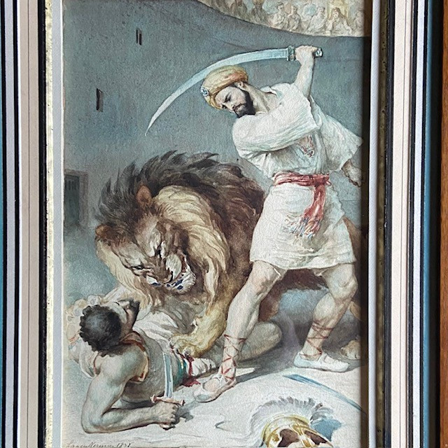 Frédéric La Guillermie (1841-1934), Watercolor, Orientalism, Voltaire's Tale, Babylon, Lion-photo-2